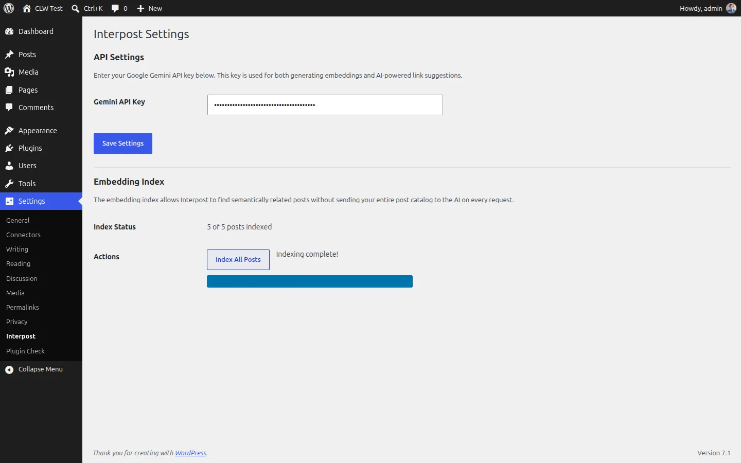 The Interpost settings screen in WordPress, with the field for your own Gemini API key and the embedding index status